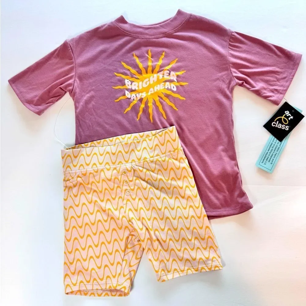 Art Class Girls Purple Tee and Yellow Wave Shorts Pajama Set Size 6
